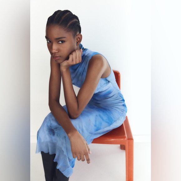 Zara Draped Printed Midi Elegant Blue Dress - Picture 2 of 10